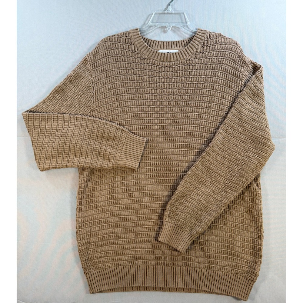 WILT Mens XL Waffle Knit Cotton Sweater Camel Brown Crewneck Pullover RN 75343